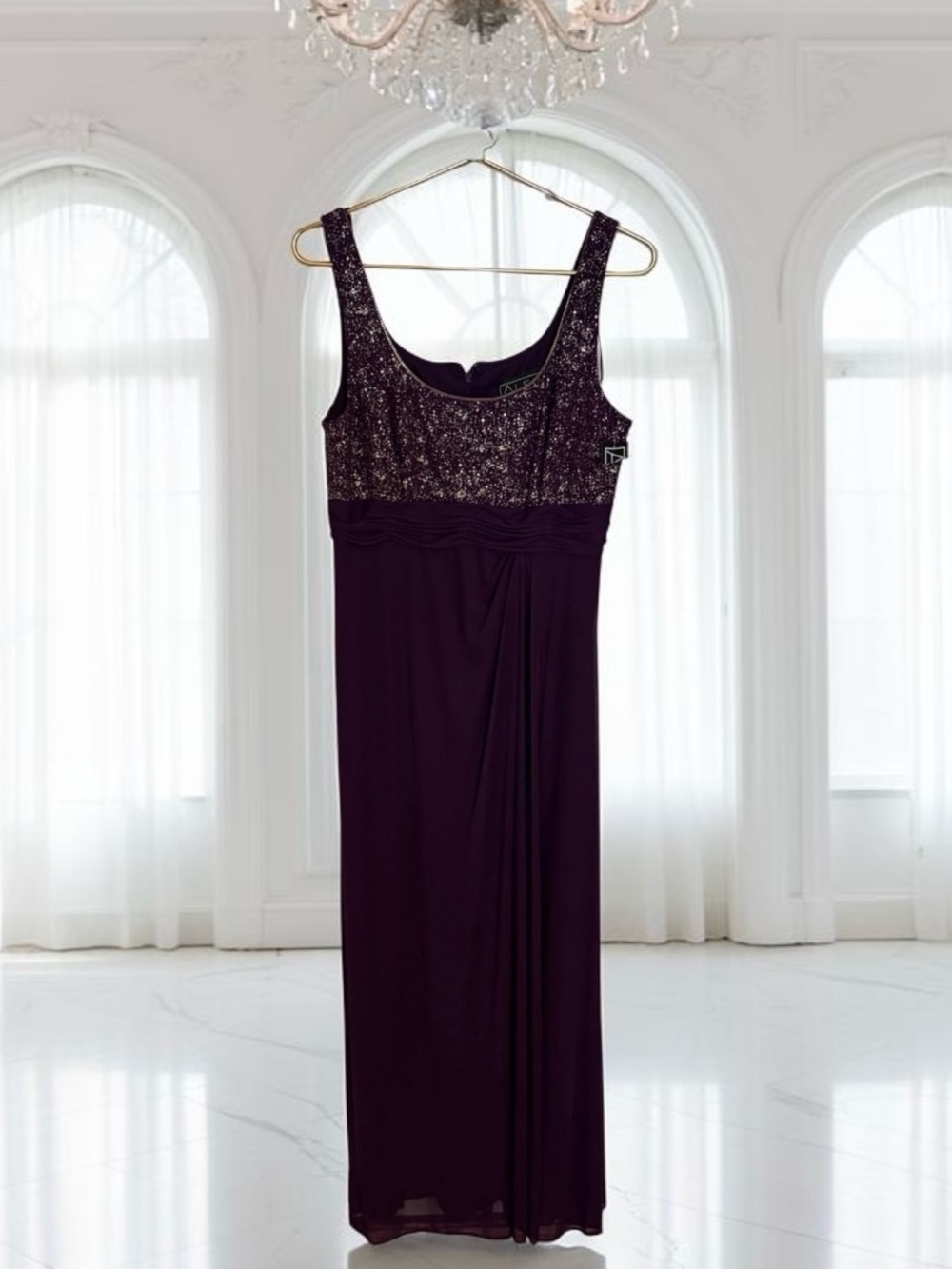 NWT Alex Evenings Maxi Chiffon Formal Evening Dress Sz 10 Med Purple & Gold
